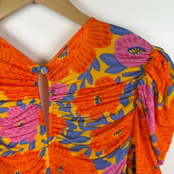 NWT Farm Rio Anthropologie Peony Floral Ruched Midi Dress Sz XS Colorful Stretch - Picture 5 of 13